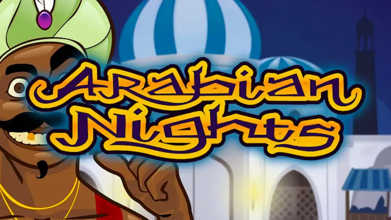 Logoen til spilleautomaten Arabian Nights i forgrunnen, med maskoten i bakgrunnen.