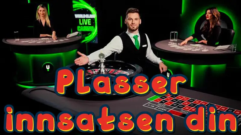 Kollasj med tre live dealere fra et live casino og bordspill. Teksten "plasser innsatsen din" er i forgrunn.