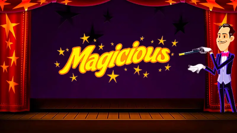 Logoen til spilleautomaten Magicious med symboler fra automaten.