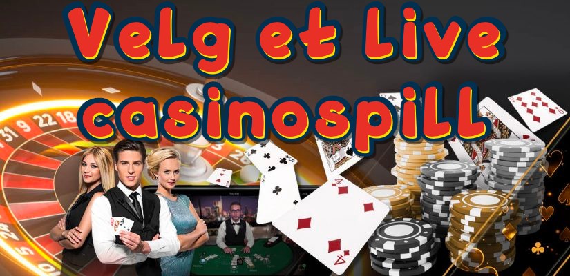 Kollasj med tre live dealere fra et live casino, illustrasjoner fra live casinospill, og teksten "velg et live casinospill".