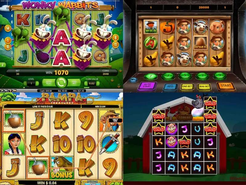 Kollasj av spilleautomater sammenlignet med Wonky Rabbits. Fra høyre øverst: Wonky Rabbits, Farm Win, Pampa Treasures, Lady Clucks.